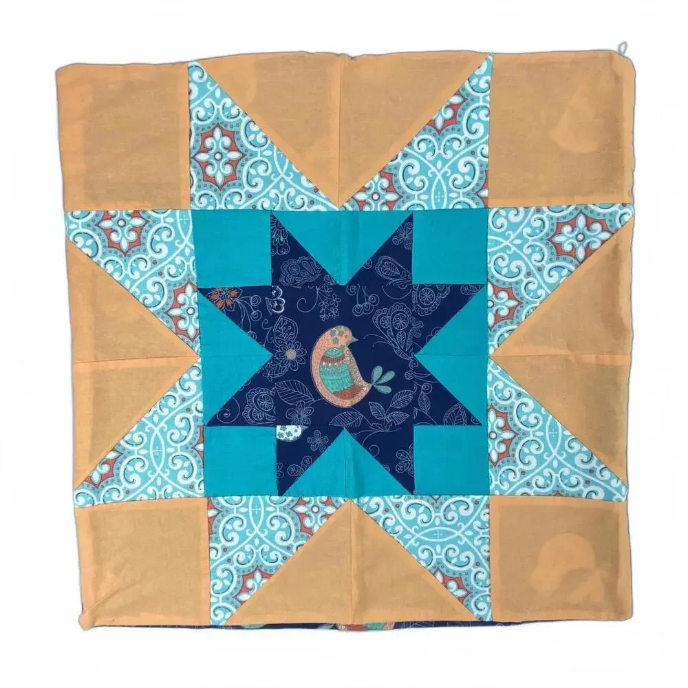 Handcrafted Bird Pattern Star Quilted Pillow Cover - Handmade